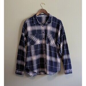 Charlotte Russe Womens Plaid Flannel Shirt Size Large Blue Button-Up Long Sleeve